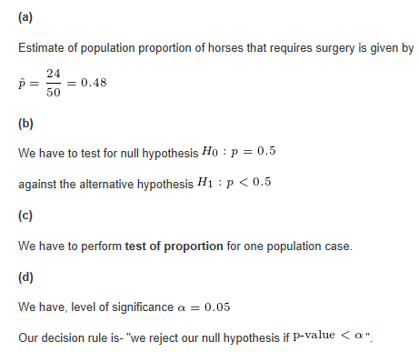 Estimate of population proportion of horses that requires surgery is given by 24 = 0.48 (b) We have to test for null hypothes