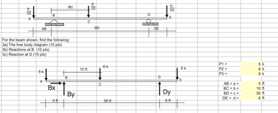 BC . ll AB 1 BD For the beam shown, find the following: 3a) The free body diagram (10 pts) 3b) Reactions at B (10 pts) 3c) Re