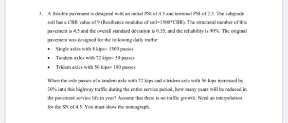 3. A flexible pavement is designed with an initial PSI of 4.5 and terminal PSI of 2.5. The subgrade soil has a CBR value of 9