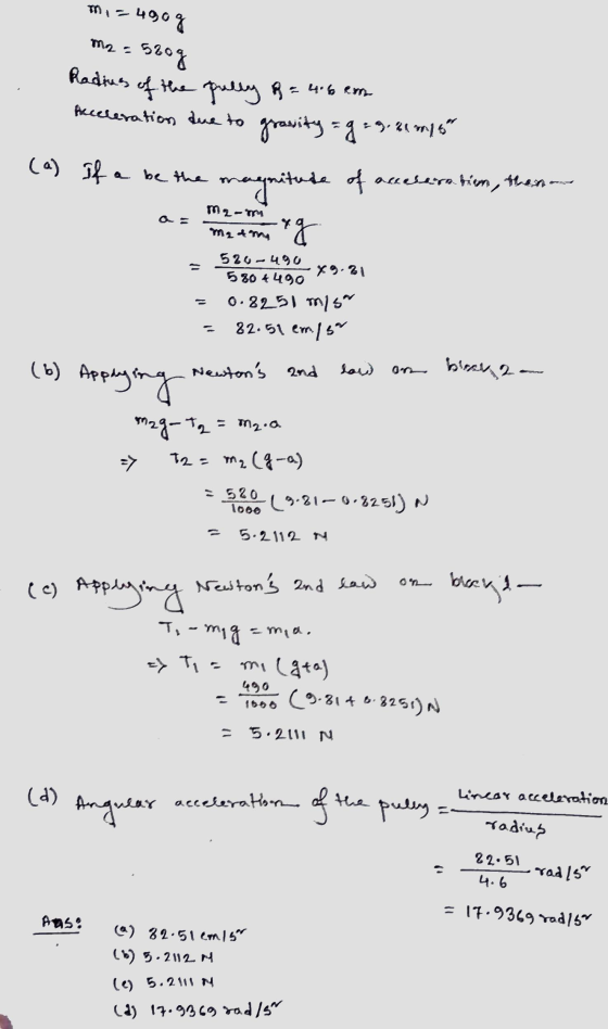 mi=490g szog m2 - Radius of the pulley R = 46 en Acceleration due to gravity = q = 9.21 29.21 m/s (a) If a be the magnitude o