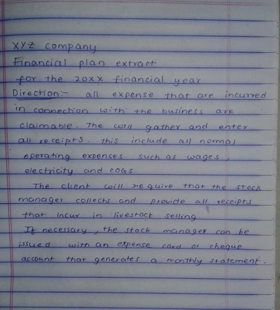 company XYZ company Financial plan extract for the 20xX financial year Direction:- all expense that are incurred in connectio