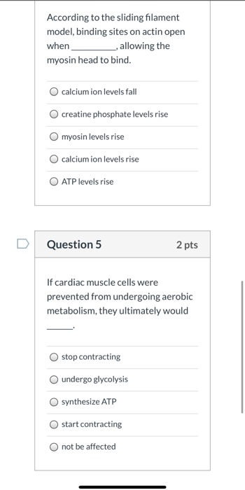 According to the sliding filament model, binding sites on actin open when _, allowing the myosin head to bind. calcium ion le