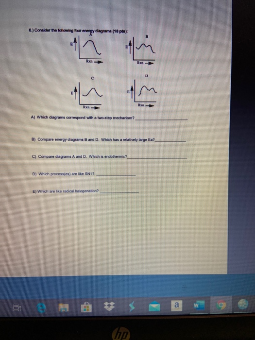6.) Consider the following four energy diag (10 pe A) Which diagrams correspond with a two-step mechanism? B) Compare energy