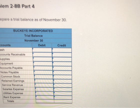mlem 2-8B Part 4 epare a trial balance as of November 30. Credit BUCKEYE INCORPORATED Trial Balance November 30 ccounts Debit
