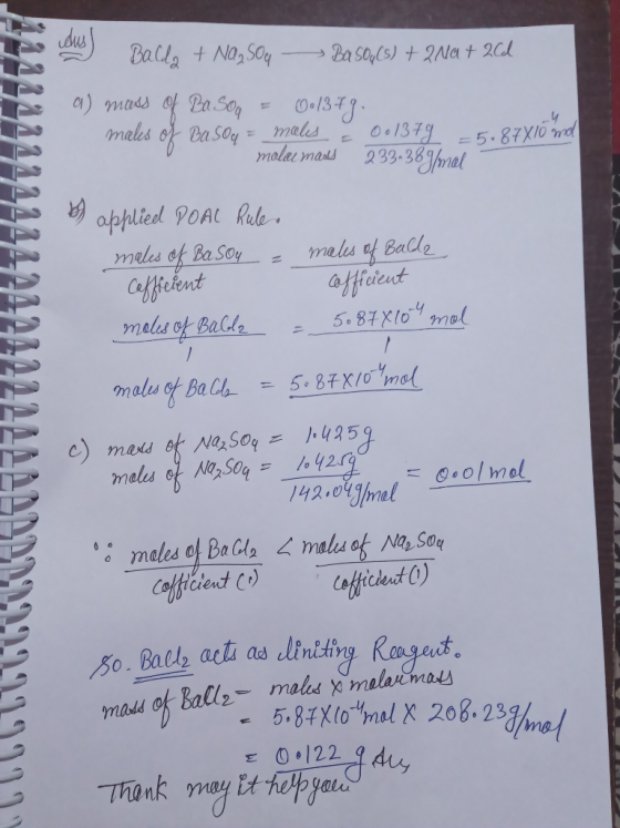chy Baldo + Nasou Basog(s) + 2Na+ 2Cl a) mass of Basoa = 00137g. males of Basoa = makes a 001379 -5087810 md molar mads 233-3