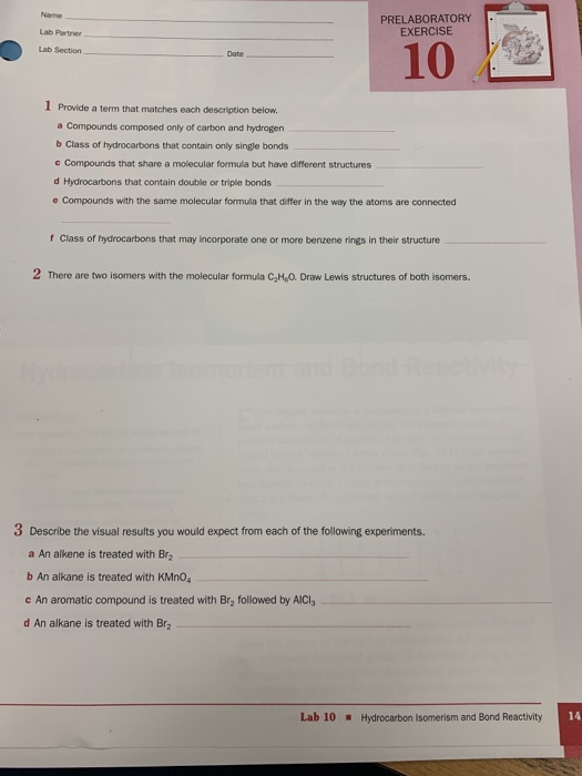 Name Lab Partner PRELABORATORY EXERCISE Lab Section 10 L 1 Provide a term that matches each description below. a Compounds co
