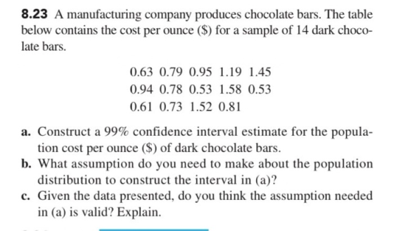 8.23 A manufacturing company produces chocolate bars. The table below contains the cost per ounce ($) for a sample of 14 dark
