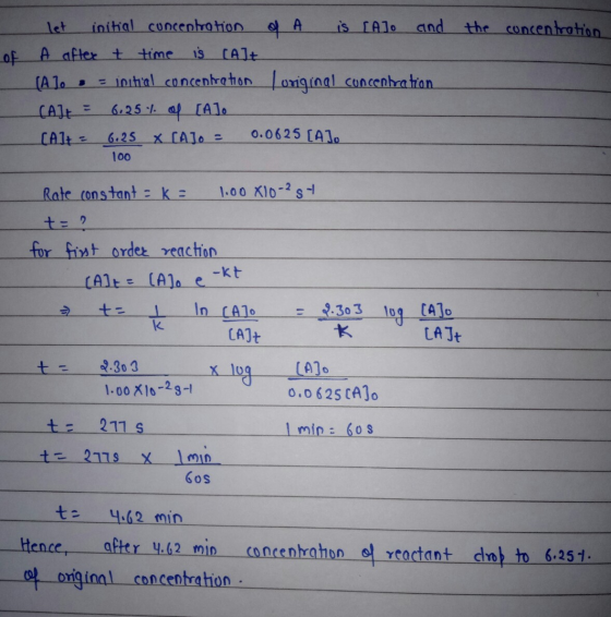 the concentration OF let initial concentration of A is [A], and A after t time is CAJ+ (Ale , joitial concentration original