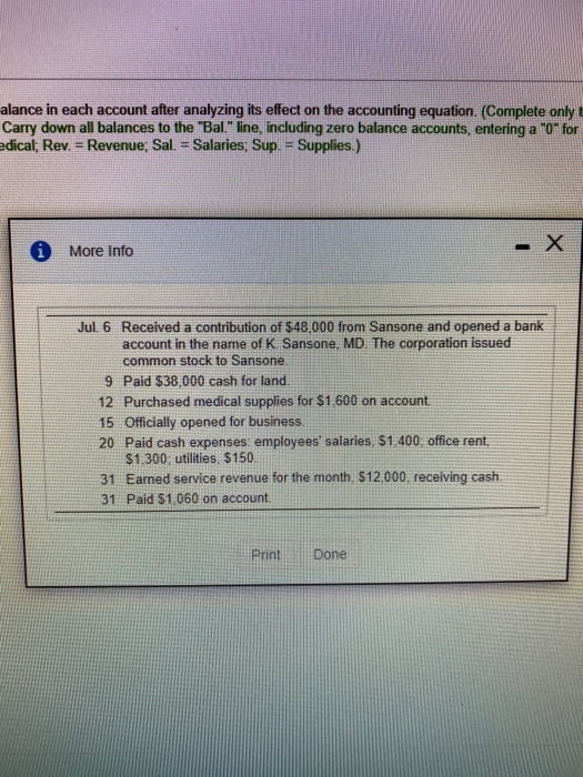 alance in each account after analyzing its effect on the accounting equation. (Complete only Carry down all balances to the