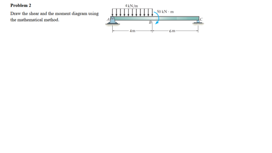 Problem 2 4 kN/m 50 kN m Draw the shear and the moment diagram using the mathematical method. BI 4 m 6 m