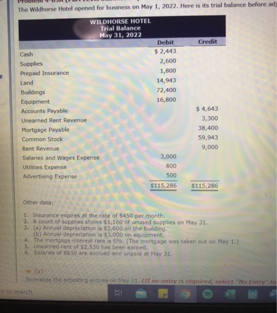The Wildhorse Hotel opened for business on May 1, 2022. Here is its trial balance before ad WILDHORSE HOTEL Trial Balance May