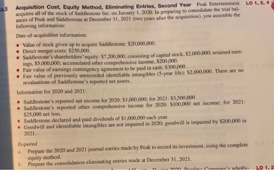 E4.5 Acquisition Cost, Equity Method, Eliminating Entries, Second Year Peak Entertainment LO 1, 2, 4 acquires all of the stoc