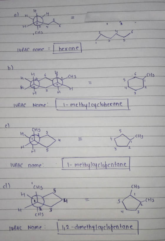 b) CHS Ho CH3 5 nae- methyeycloentane CH3 CHS tH 니 cH3 JUPAC Name 12-dincthyIayclopentane