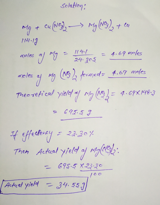 solution: mg + cu (NO)2 -> Mg(NO3)2 + ca 114.19 moles af My = 14. 15 = 4.69 moles moles ay mg (N3formed4.69 moles Theoreticed