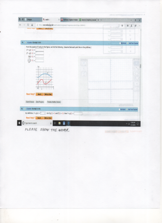 rom the graphs of f and g in the igure, we find the folloning-(Assume that eah point les on the gridines) Notes Ask our 0 Tyse here to serdh 246 AM PLEASE SHOW THE WORK