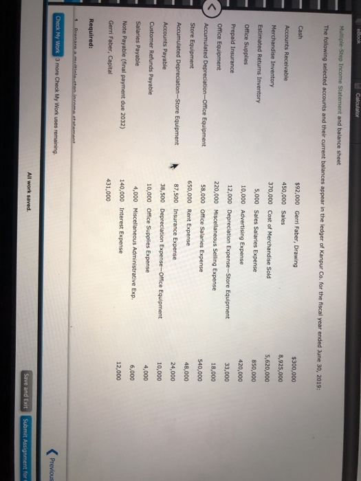 BOOK Calculator Multiple-Step Income Statement and balance sheet The following selected accounts and their current balances a