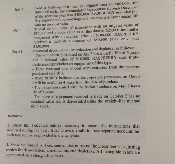 July 1 Oct 2 Dec 31 Sold a building that had an original cost of $800,000 for $940.000 cash. The accumulated depreciation thr