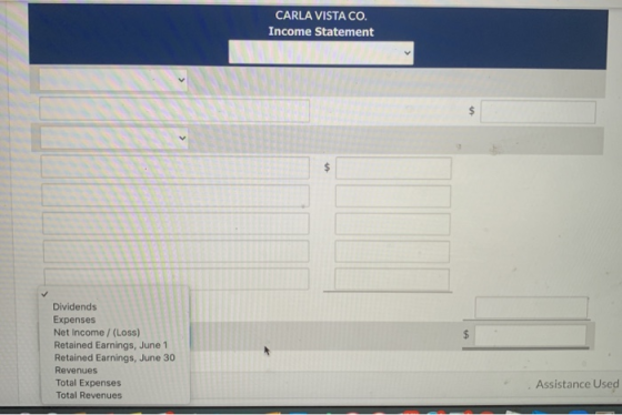CARLA VISTA CO. Income Statement $ Dividends Expenses Net Income /(Loss) Retained Earnings, June 1 Retained Earnings, June 30