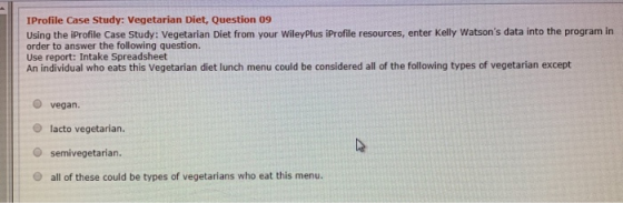 IProfile Case Study: Vegetarian Diet, Question 09 Using the Profile Case Study: Vegetarian Diet from your WileyPlus iProfile