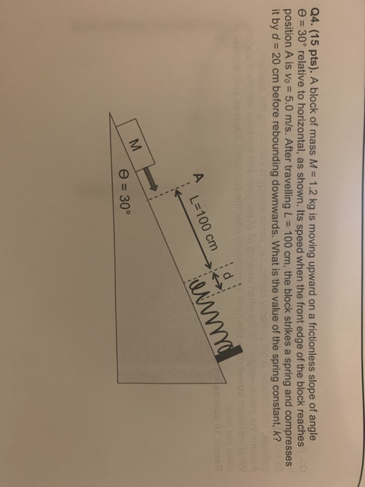 Q4. (15 pts). A block of mass M = 1.2 kg is moving upward on a frictionless slope of angle = 30° relative to horizontal, as s