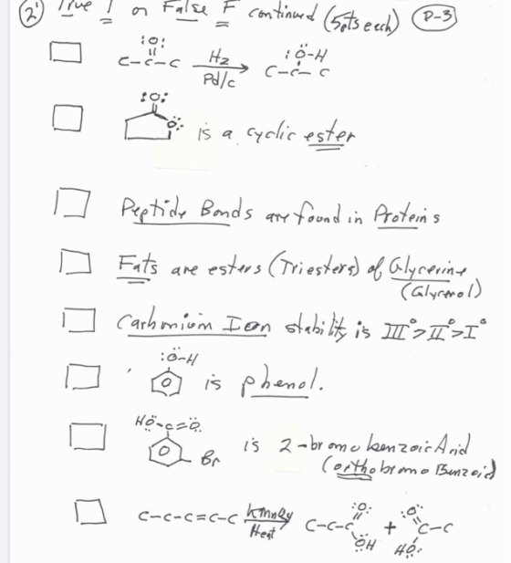 29 os False I continued (sets eech) (2-3) Hz 10: E-c-c OCH C-ic Pd/c is a cyclic ester Peptide Bonds are found in Proteins Fa