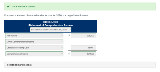 Your answer is correct. Prepare a statement of comprehensive income for 2020, starting with net income. ORIOLE, INC Statement