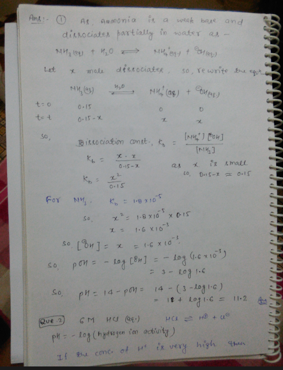 Ant ! ^ ① At、Ammonia a a weak base and dissociates bortially in wate dissociates partially in wate 0 I5 0-15- So O.IS For N L