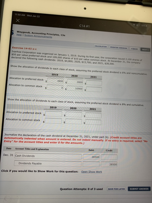 11:50 AM Wed Jan 22 15% C14 #1 Weygandt, Accounting Principles, 13e Hele I System Announcements CALCULATOR PRINTER VERSION BA