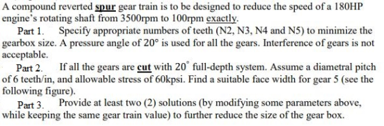 A compound reverted spur gear train is to be designed to reduce the speed of a 180HP engines rotating shaft from 3500rpm to