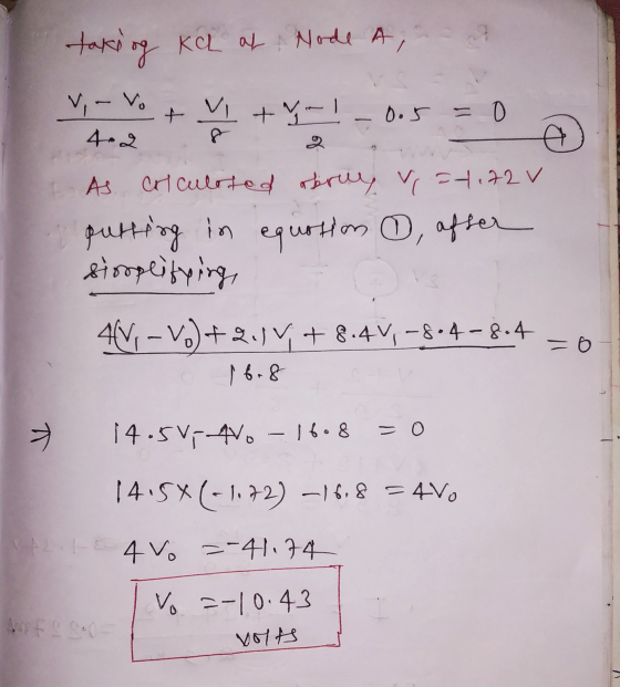 taking Kel at Node A, V- Vo VI + you! 0.5 = 0 4.2 AS CH culoted abruy v=4.72 v putting in equation , after siorplifying 4V, -