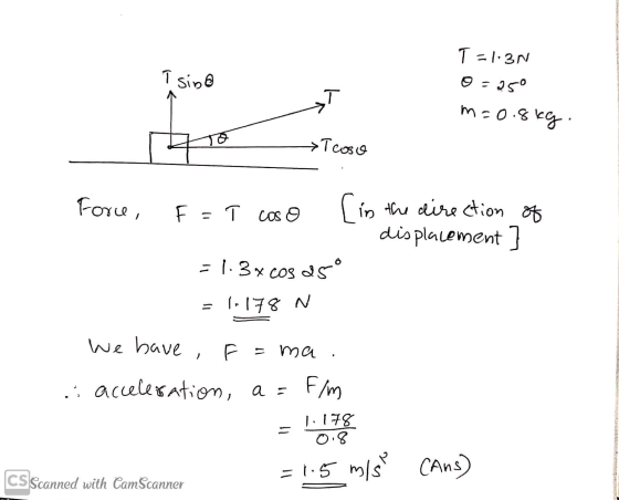 i sina T = 1:3N 25° T m=0.8kg. →T coso Force, F =ī cos o [in the direction of displacement ] = 1.3x cos asº = 1.178 N We have