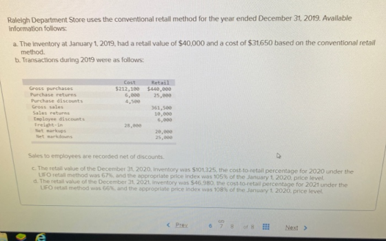 Raleigh Department Store uses the conventional retail method for the year ended December 31, 2019. Available information foll