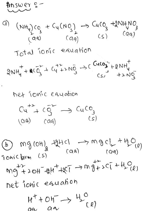Answer of g) (NH, co + C (0) > a, +1 HN (aa) cag cs] coas Total Tonic eauation 2NH + CD + cut 12 Ng > Culoz + 2NH4 - Csi +2 N