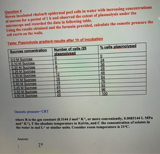 Question 4 Steven incubated rhubarb epidermal peel cells in water with increasing concentrations of sucrose for a period of 1