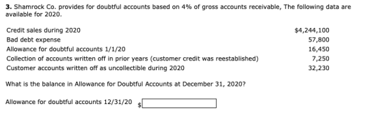 3. Shamrock Co. provides for doubtful accounts based on 4% of gross accounts receivable, The following data are available for