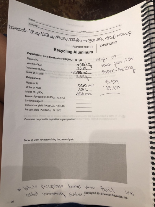 Name Instructor balanted: 2A1s) 2.4DMg) 4H5t 229400-2KAI()12420 43W2ug Date EXPERIMENT REPORT SHEET Recycling Aluminum Experi