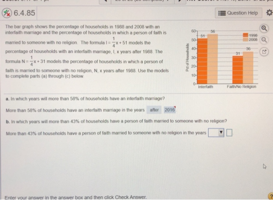6.4.85 Question Help * The bar graph shows the percentage of households in 1988 and 2008 with arn interfaith marriage and the