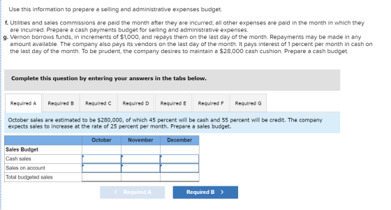 Use this information to prepare a selling and administrative expenses budget. f. Utilities and sales commissions are paid the