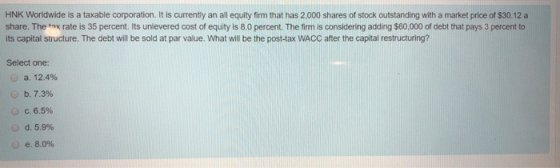 HNK Worldwide is a taxable corporation. It is currently an all equity firm that has 2,000 shares of stock outstanding with a