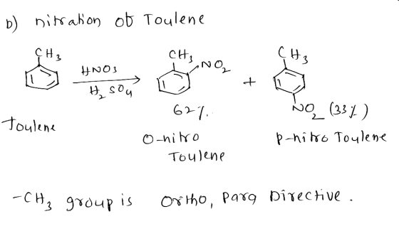 b) nitration of Toulene CH3 NO3 H sou toulene 62%. 0-hitro Toulene No (33%) phitro Toulene . -CH3 group is ortho, para Direct