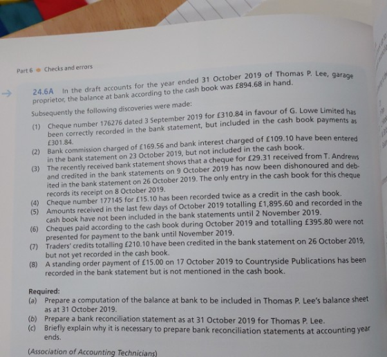 Part 6 - Checks and errors 24.6A in the draft accounts for the year ended 31 Octob var ended 31 October 2019 of Thomas P. Lee
