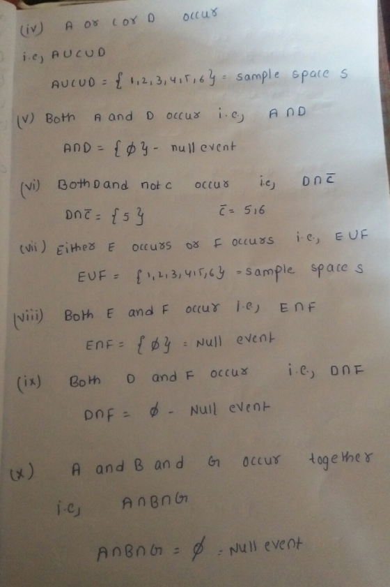 (V) Both A and D occu8 1.cリAnD AND { φ 3- null event vi) Both Dand notc occu te C516 ENF= { φ2f : Null event (X) A and B an d Gn0cur togeYRY