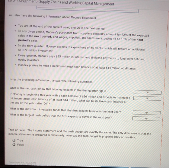 Ch 21: Assignment - Supply Chains and Working Capital Management You also have the following information about Mooney Equipme