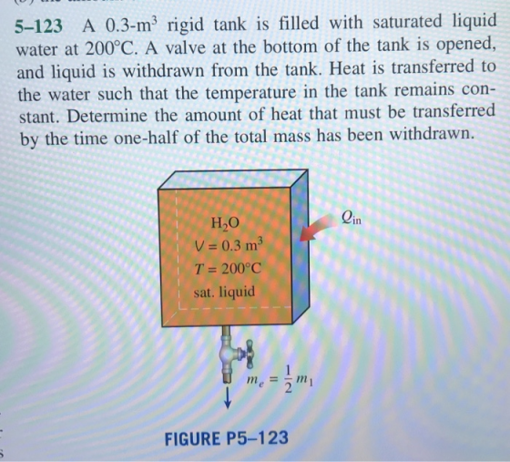 5–123 A 0.3-mº rigid tank is filled with saturated liquid water at 200°C. A valve at the bottom of the tank is opened, and li