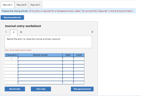 Required A Required B Required C Prepare the closing entries. (If no entry is required for a transaction/event, select No Jo