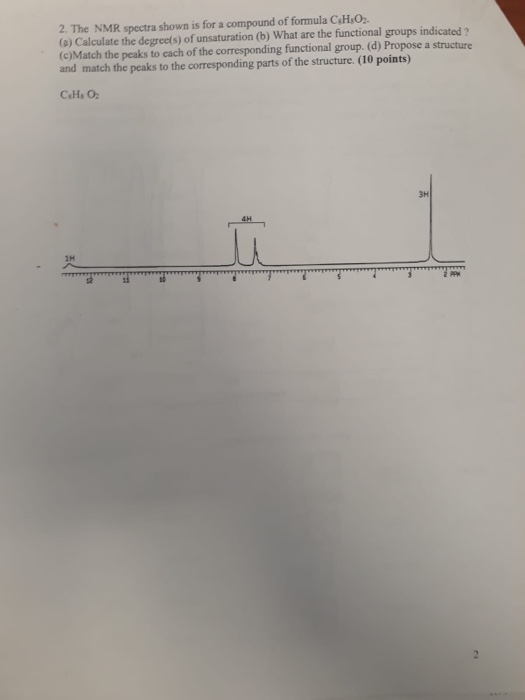 2. The NMR spectra shown is for a compound of formula C.H.O. (a) Calculate the degree(s) of unsaturation (b) What are the fun