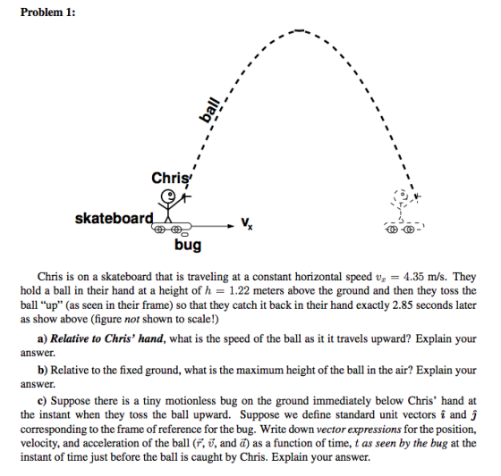 Problem 1: ball. ------- Chrişi + skateboard bug Chris is on a skateboard that is traveling at a constant horizontal speed y,