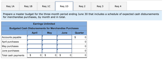 Req 1A Req 1C Req 1D Req 2 Req 4 Req 1B Req 3 Prepare a master budget for the three-month period ending June 30 that includes