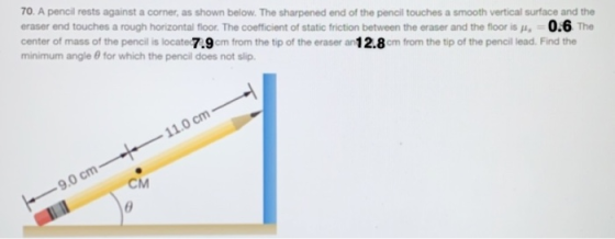 70.A pencil rests against a corner, as shown below. The sharpened end of the pencil touches a smooth vetical surface and the