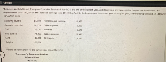 Calculator The assets and liabilities of Thompson Computer Services at March 31, the end of the current year, and its revenue